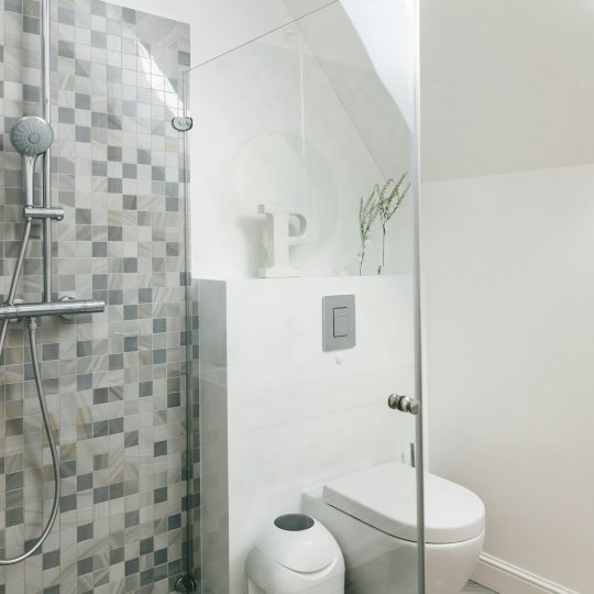 A checkered tiled bathroom with a toilet and shower